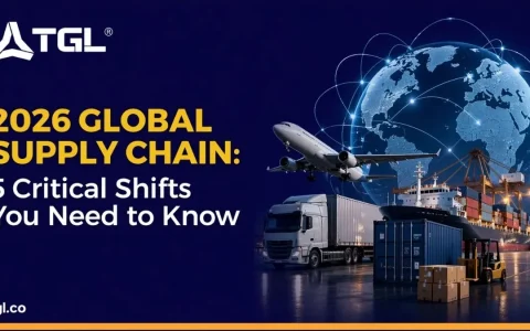 Infographic showing global supply chain network map with shipping routes and logistics hubs in 2026