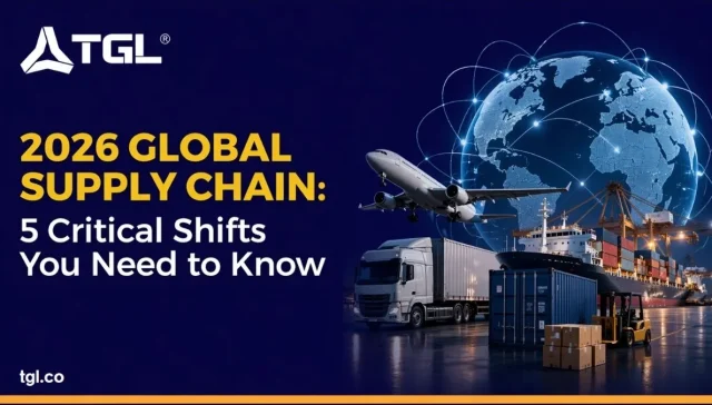 Infographic showing global supply chain network map with shipping routes and logistics hubs in 2026