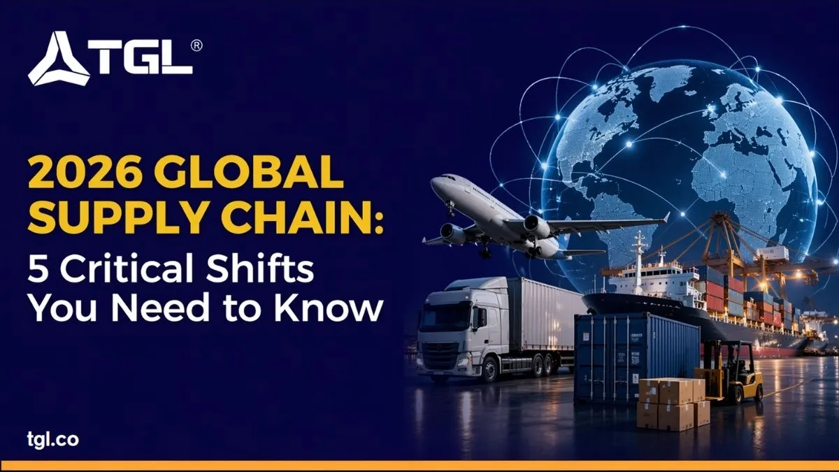 Infographic showing global supply chain network map with shipping routes and logistics hubs in 2026