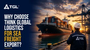 TGL promotional banner for Think Global Logistics sea freight export showing a port worker overlooking a container ship