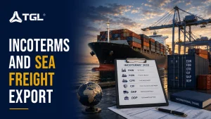 TGL banner showing Incoterms 2020 rules for sea freight export with a container ship and port terminal.
