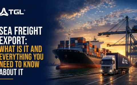 TGL promotional banner for Sea Freight Export showing a container ship, semi-truck, and port cranes at sunset.