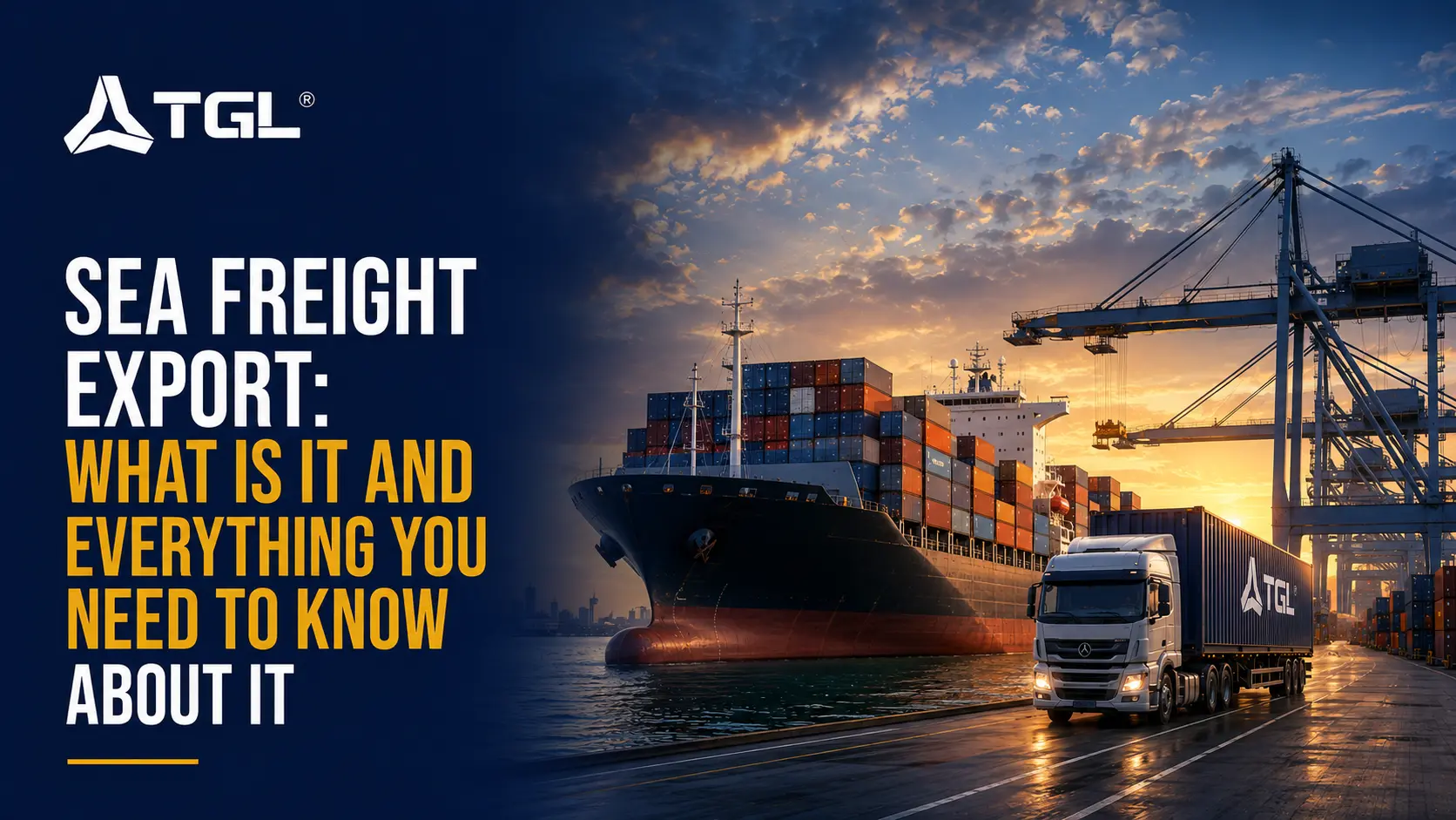 TGL promotional banner for Sea Freight Export showing a container ship, semi-truck, and port cranes at sunset.