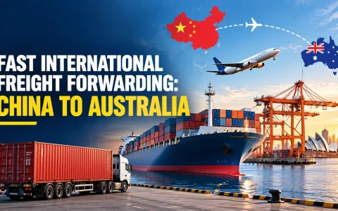 Cargo plane flying from China to Australia over a container ship and truck at an Australian port