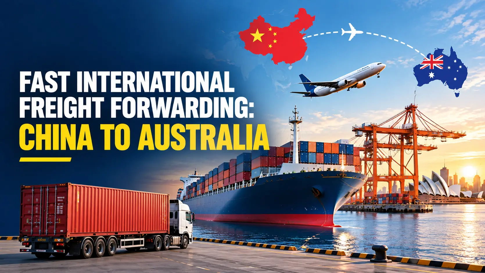 Cargo plane flying from China to Australia over a container ship and truck at an Australian port