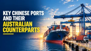 Container ship docked at a Chinese port at sunset with cranes loading cargo onto a truck
