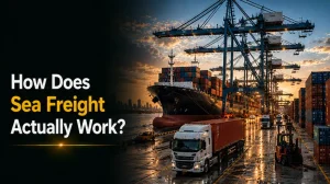 Port terminal operations with cargo ship cranes and transport trucks