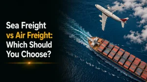 Aerial view of cargo plane flying above sea freight container ship